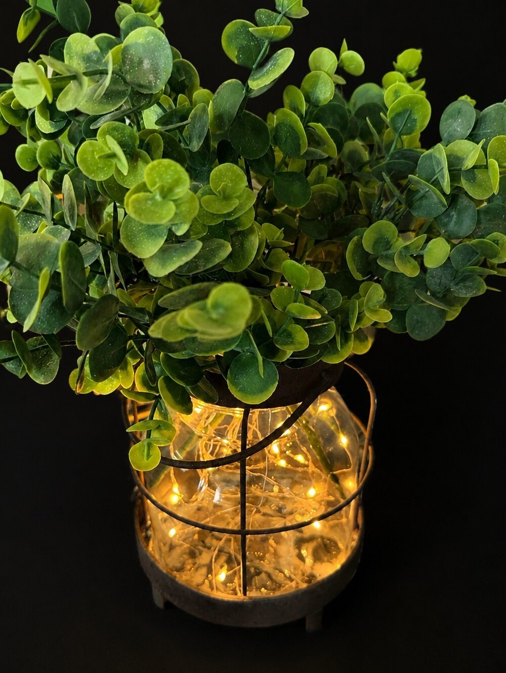 Fairy Lights Lantern Battery Operated. Faux Eucalyptus. Base 7x6 New In Box